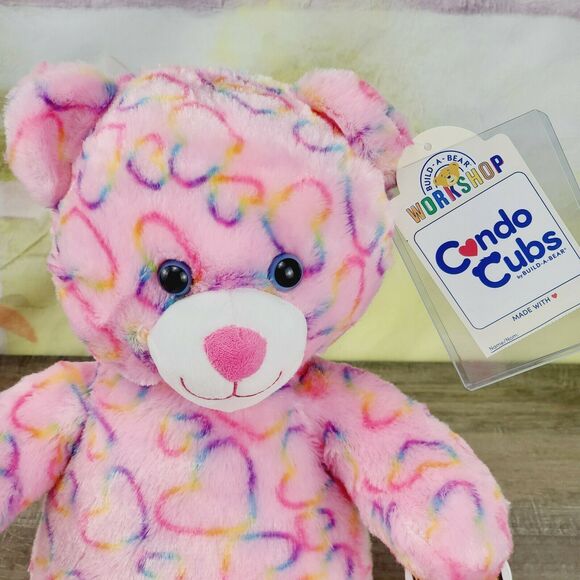 NWT Build A Bear Rainbow Smiles Condo Cub Plush Valentine's Day Hearts Pink BABW - Picture 2 of 6